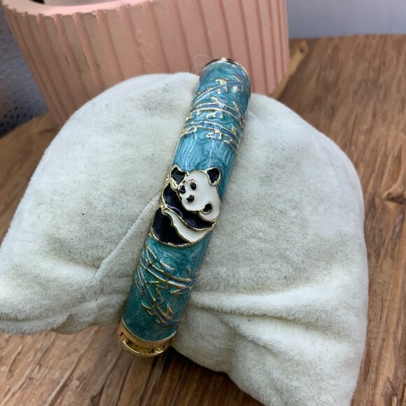 Cloisonne Vintage Blue Enamel Gold Tone Panda Hinged Bangle - Picture 5 of 6